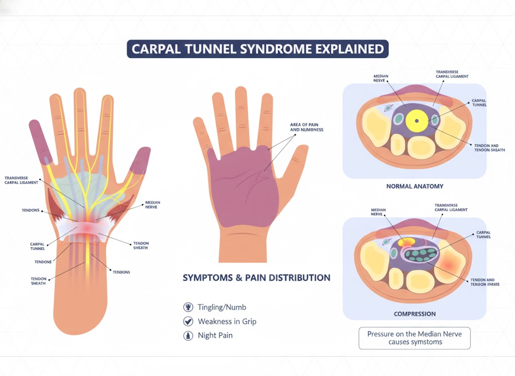 Repetitive work tasks like typing can lead to carpal tunnel syndrome when the median nerve is compressed; physical therapy evaluates these repetitive movement patterns to restore nerve glide and reduce hand and wrist numbness.
