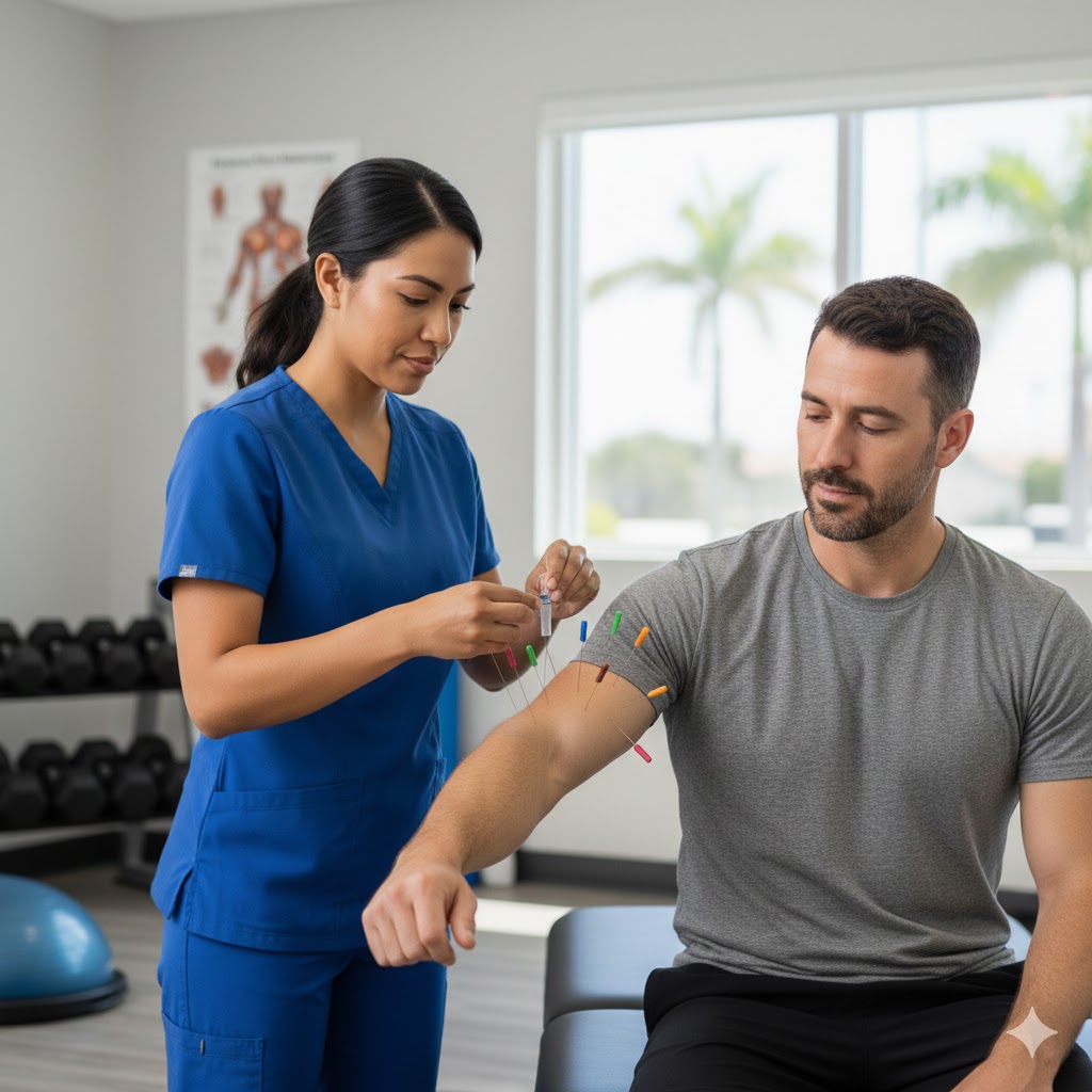During a physical therapy session, precise dry needling is used to target myofascial trigger points, helping to reset nerve signals and reduce the muscle guarding that often limits a patient's range of motion.