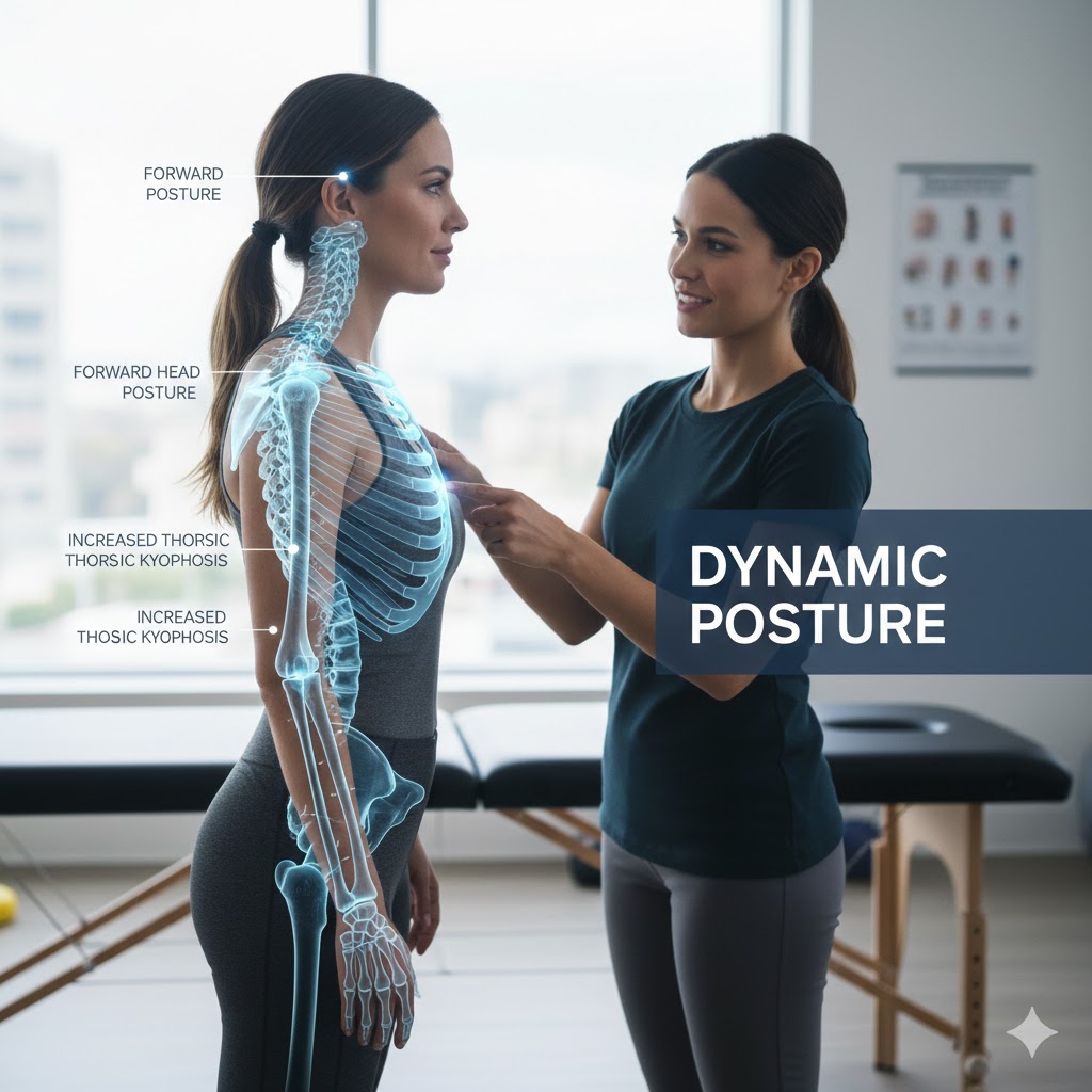 A physical therapist in Pembroke Pines evaluating a woman's dynamic posture with a skeletal overlay showing forward head posture and thoracic kyphosis.