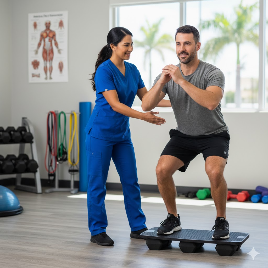 A Doctor of Physical Therapy in Pembroke Pines assesses a patient's squatting mechanics to identify compensations or movement sequencing faults that may increase injury risk during high-intensity exercise.