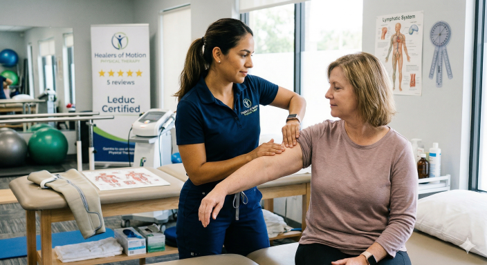 A female Latin physical therapist at Healers of Motion in Pembroke Pines performing Leduc Method manual lymphatic drainage on a middle-aged woman for upper extremity lymphedema