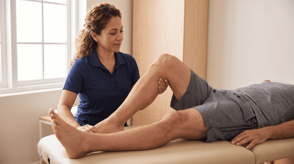 Doctor of Physical Therapy guiding a patient through early knee rehabilitation exercises after ACL reconstruction surgery at a Pembroke Pines clinic