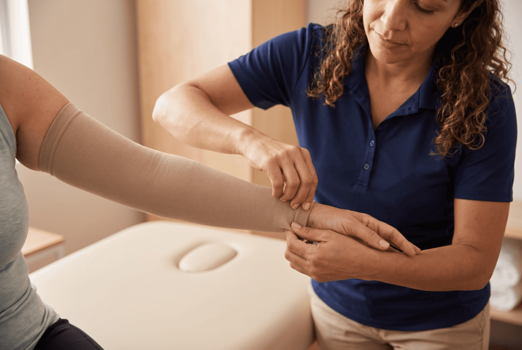 Patient wearing a prescribed medical-grade compression sleeve after manual lymphatic drainage therapy at Healers of Motion Physical Therapy in Pembroke Pines