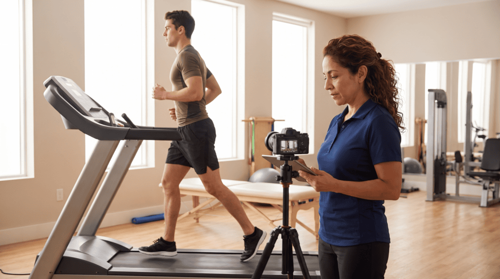 Doctor of Physical Therapy conducting a treadmill gait analysis to evaluate an athlete's running mechanics before clearing return to play in Pembroke Pines