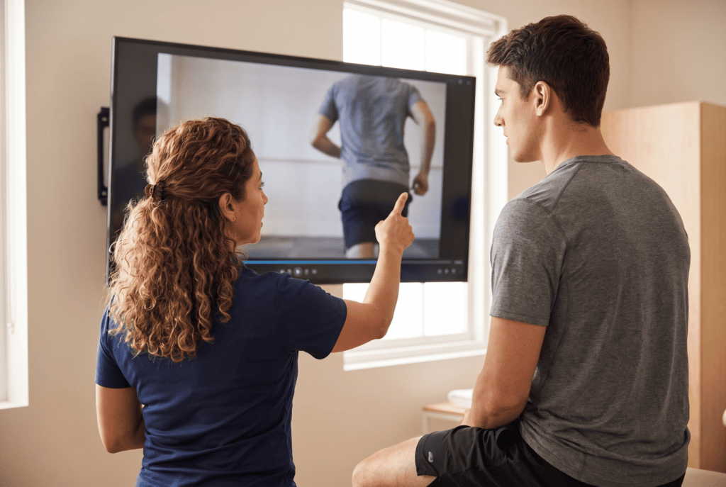 Physical therapist and athlete reviewing slow-motion gait analysis video together to identify hip drop and compensatory movement patterns