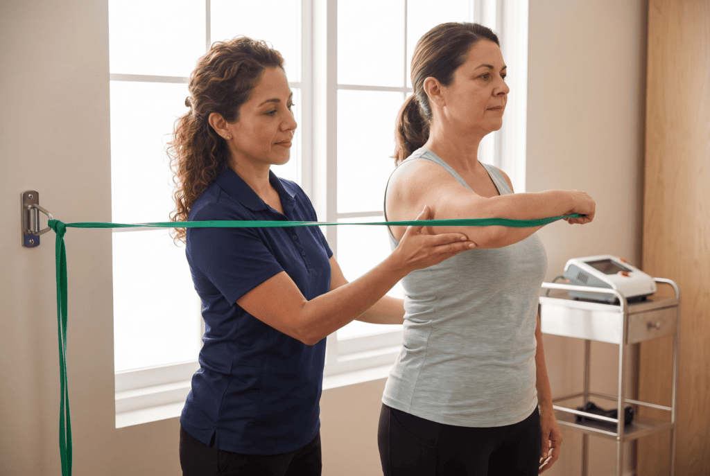 Physical therapist guiding a patient through resistance band exercise in the same visit as laser pain therapy at Healers of Motion in Pembroke Pines