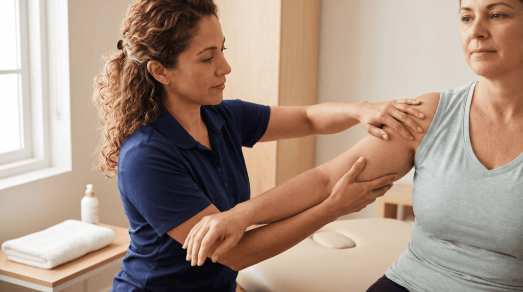 Doctor of Physical Therapy performing gentle manual lymphatic drainage on a patient's arm at a Pembroke Pines physical therapy clinic