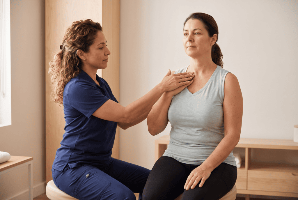 Physical therapist demonstrating self-manual lymphatic drainage strokes to a patient after a lymphatic massage session in Pembroke Pines, Florida