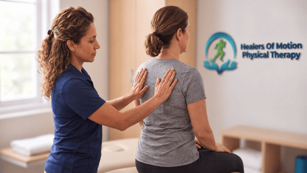 Doctor of Physical Therapy assessing a patient’s upper back and shoulder blade movement for pain between shoulder blades at a Pembroke Pines physical therapy clinic