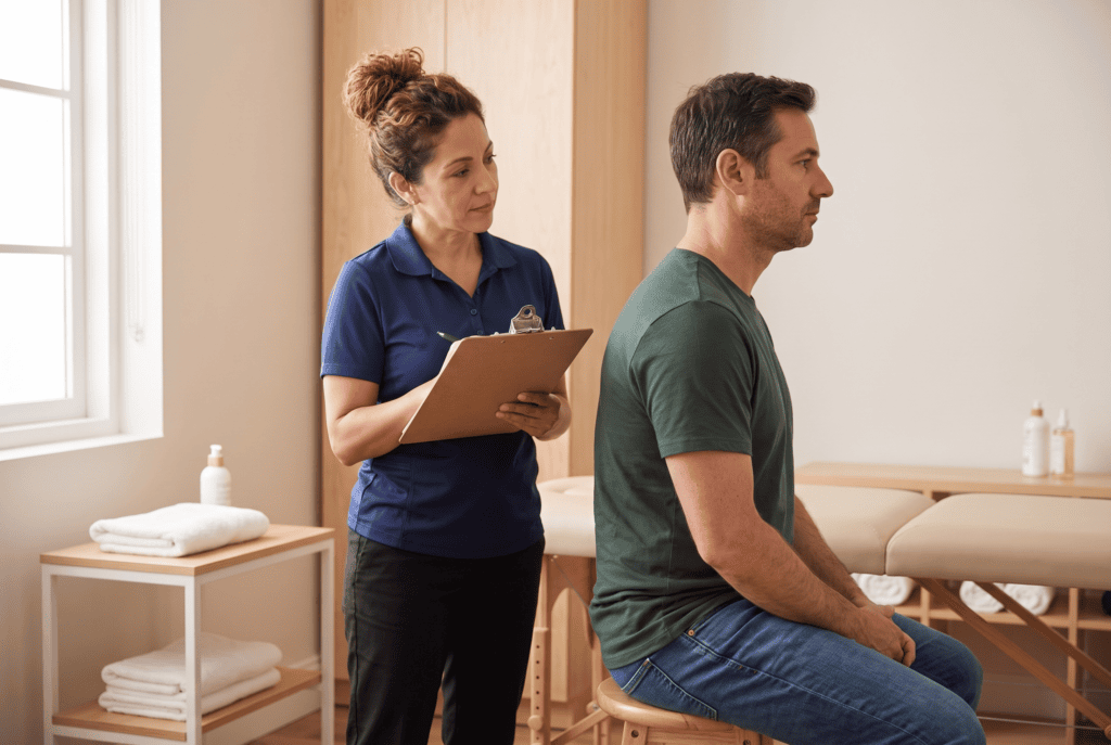 Physical therapist observing a patient’s seated posture and shoulder blade position to find the cause of pain between shoulder blades in Pembroke Pines