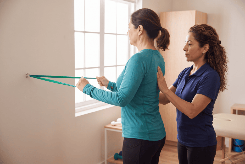 Patient performing a resistance band row with a physical therapist cueing shoulder blade position during treatment for upper back pain in Pembroke Pines
