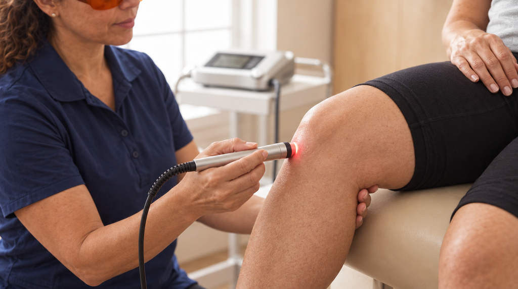 Close-up of a physical therapist applying clinical laser therapy to a patient's knee to relieve knee pain and inflammation at Healers of Motion Physical Therapy in Pembroke Pines, FL.